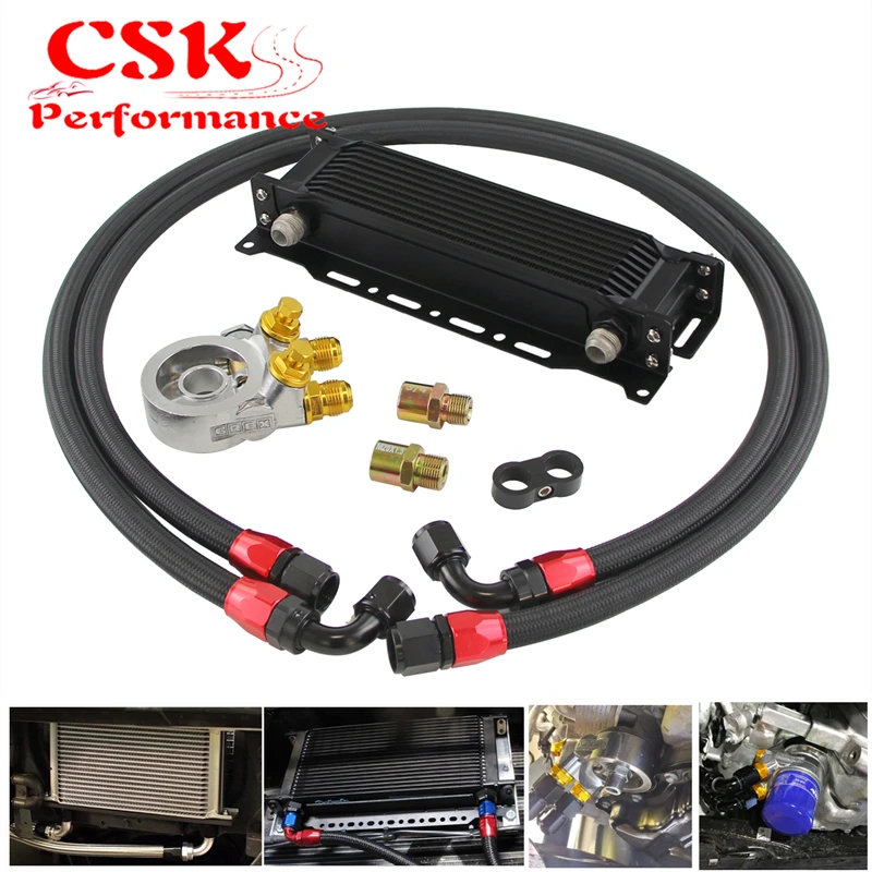 

10-рядный масляный радиатор двигателя с термостатом, 80 градусов, набор адаптеров масляного фильтра, серебристый/черный