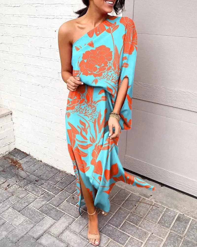 

Sweet Off Shoulder Irregular Dress Woman Summer Slant Collar Loose Waist Dresses For Women 2022 Casual Floral Print Femme Robe
