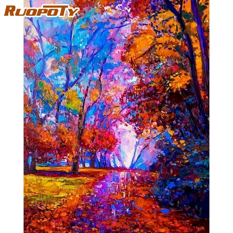 

RUOPOTY Oil Painting by numbers Adults Crafts Acrylic paint by Number Maple Scenery DIY Coloring by numbers Artwork Wall Decor