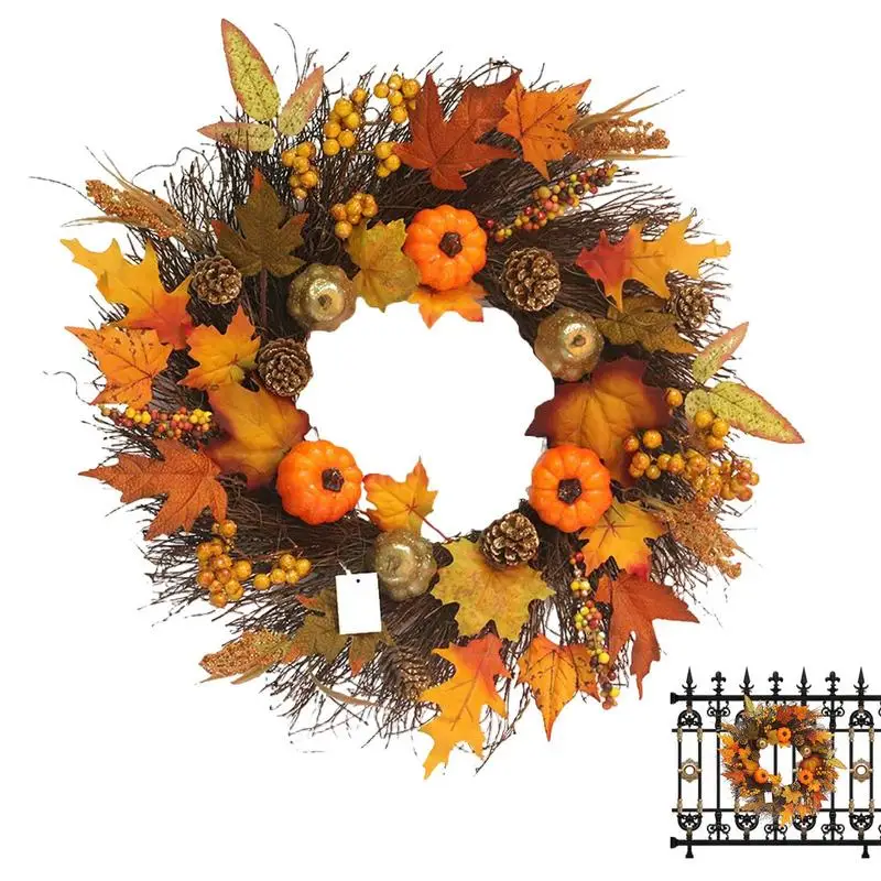 

Autumn Wreath Fall Maple Leave Front Door Garland Autumn Pinecones Hanger For Wall Window Portable Garland For Porch Tree Garden