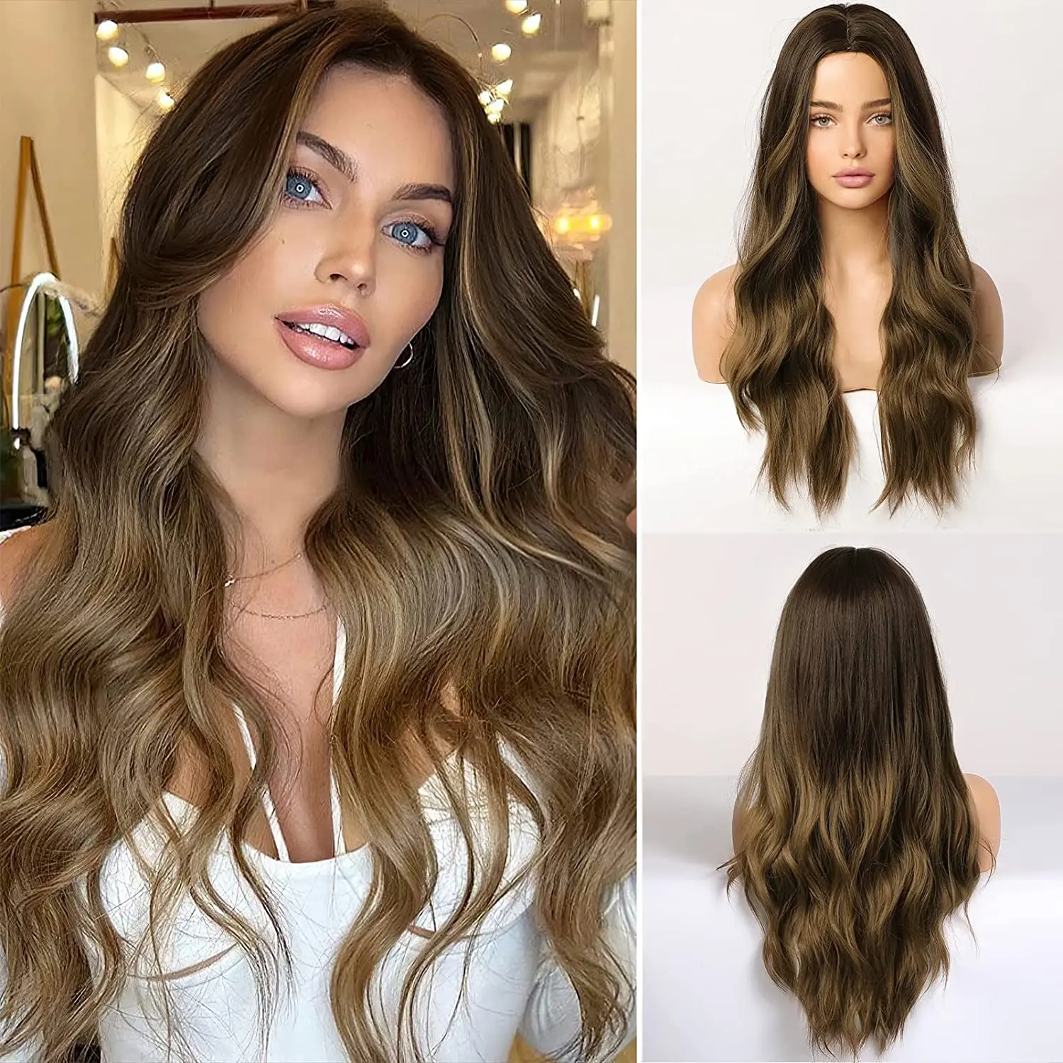 

Парик из длинных волнистых волос, парик из коричневых синтетических волос с эффектом омбре, коричневые парики для женщин, термостойкий пари...