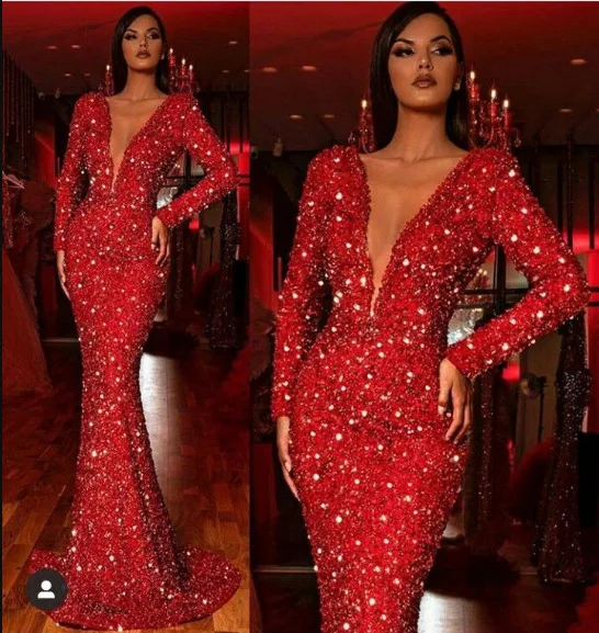

Sexy ladies fitted dress maxi dress deep V-neck pleated fishtail red sequins formal dress party women elegant robe dress