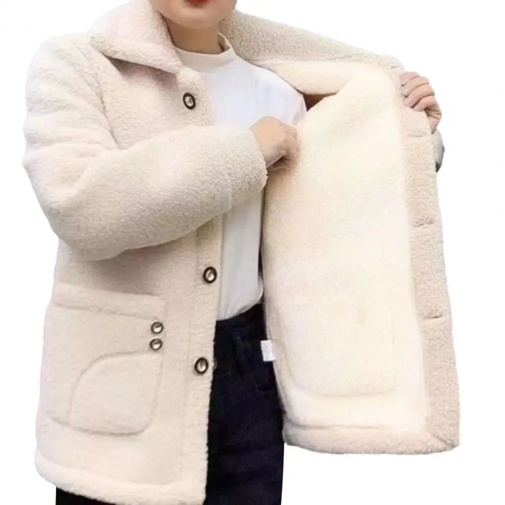 

Women Winter Coat Vintage Lapel Women's Winter Coat Soft Plush Warm Stylish Outerwear with Pockets Women Solid Color Coat