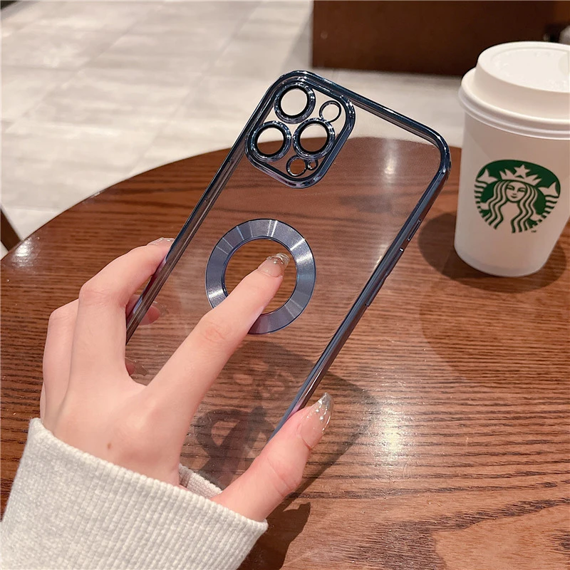 

Luxury Cutout Reveal Logo With Lens Protector Clear Case for iPhone 13 12 11 Pro Max XR XS X 7 8 Plus Transparent Silicone Cover