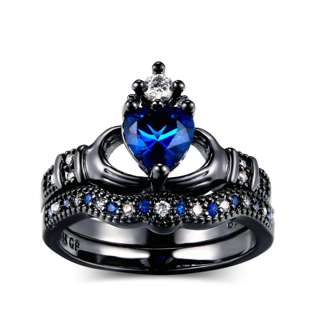 

Hot selling double-layer ring set for women's hand holding sapphire heart-shaped crown ring European and American fashion black
