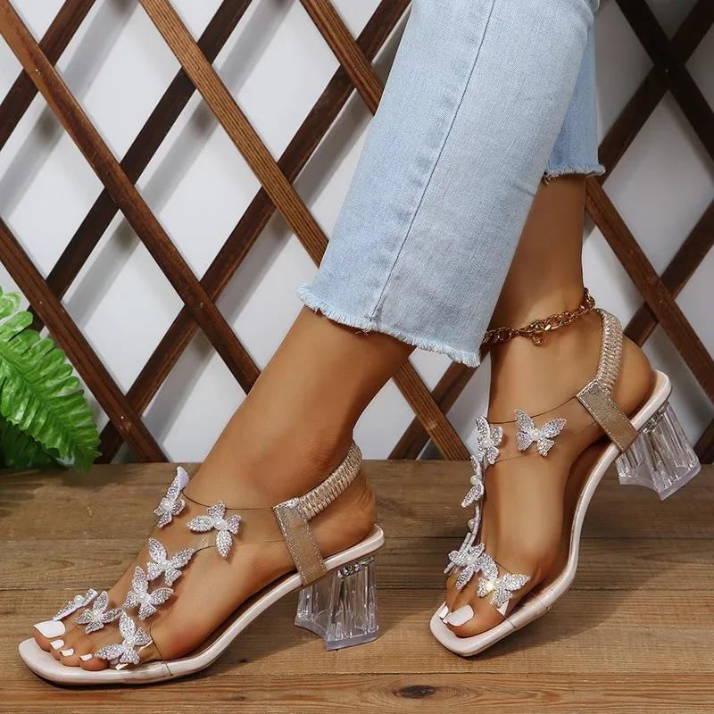 Women Sandals Summer  Pvc Crystal Flower Decoration Chunky Heel Peep Toe Back Strap Elastic Band Elegant Fashion Shoes Ladies