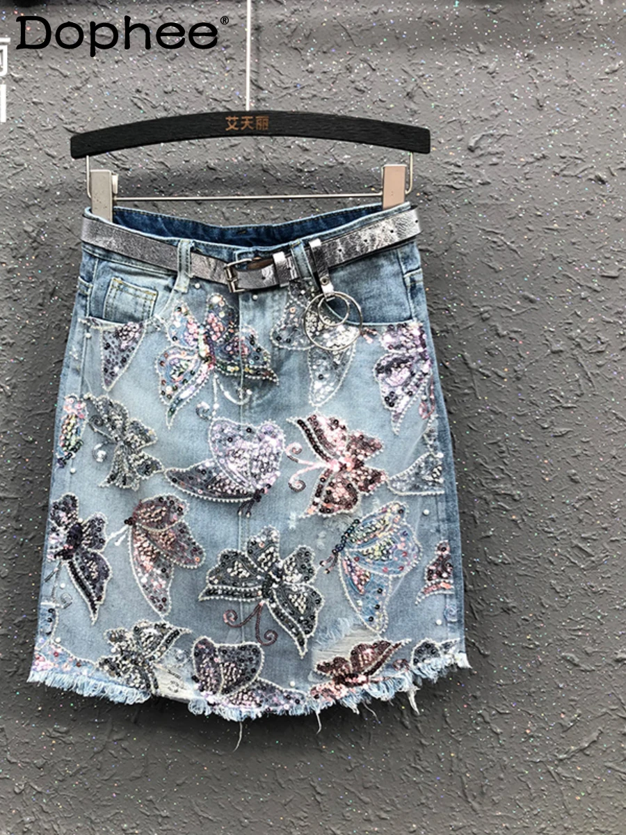 

Heavy Industry Butterfly Sequin Bead Skirt Female 2022 Summer New High Waist A- Line Hip Mini Denim Skirt for Women Faldas Mujer