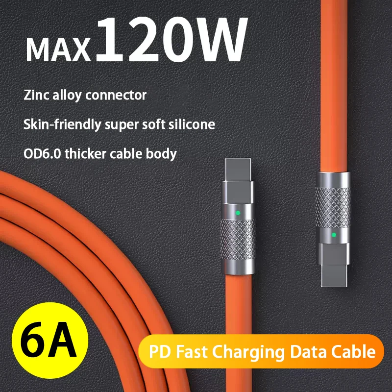 

120W 6A Super Fast Charge Cable for IPhone 14 13 12 11 Pro Max Mini XS XR Silicone PD Quick Charge USB Cable For Huawei Samsung