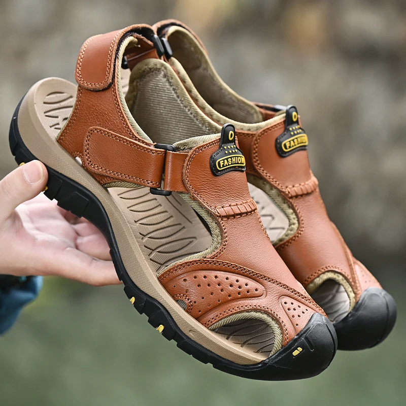 

Summer Genuine Leather Men's Sandals Openwork Beach Shoes High Quality Rubber Sole Anti-collision Anti-skid Male Casual shoes