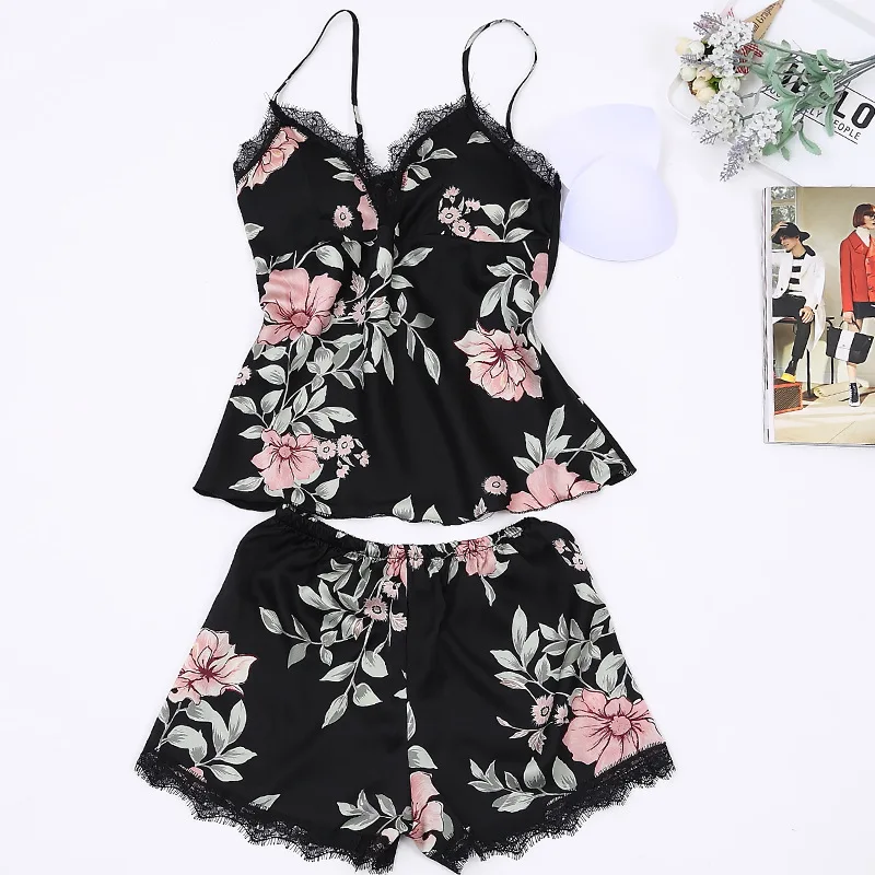 

Оптовая продажа, высококачественный Атласный пижамный комплект с цветочным принтом, топ и шорты