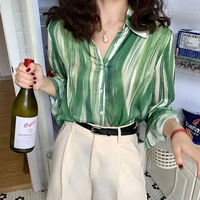 deeptown vintage women blouses aesthetic 90s green top korean style shirts casual chic office wear elegant female fashion loose