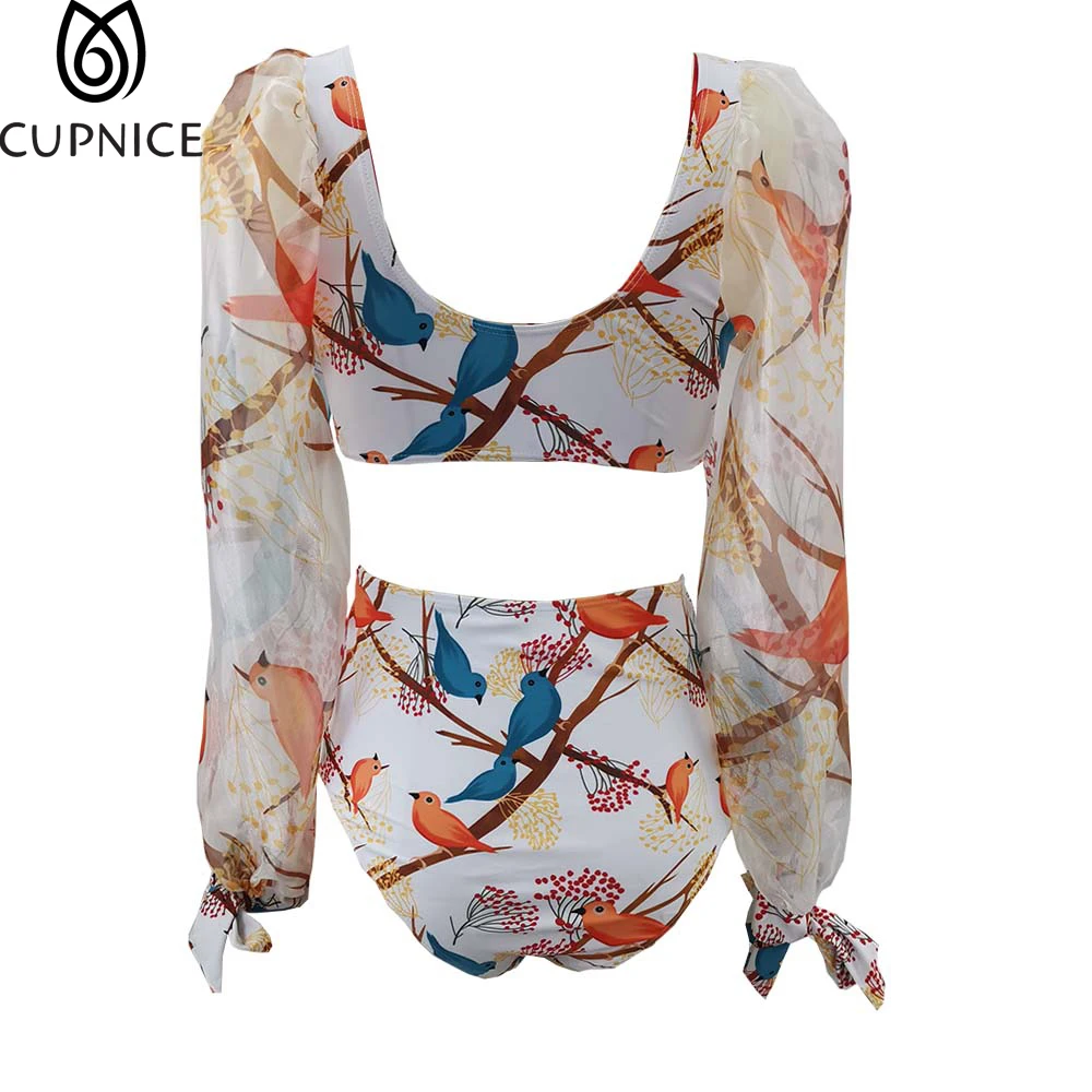 Long Sleeve Bikini Sets 2022 Women Bird Printed Mesh Scoop Neck Split Swimwear High Waist Cheeky Two Pieces Swimsuit |