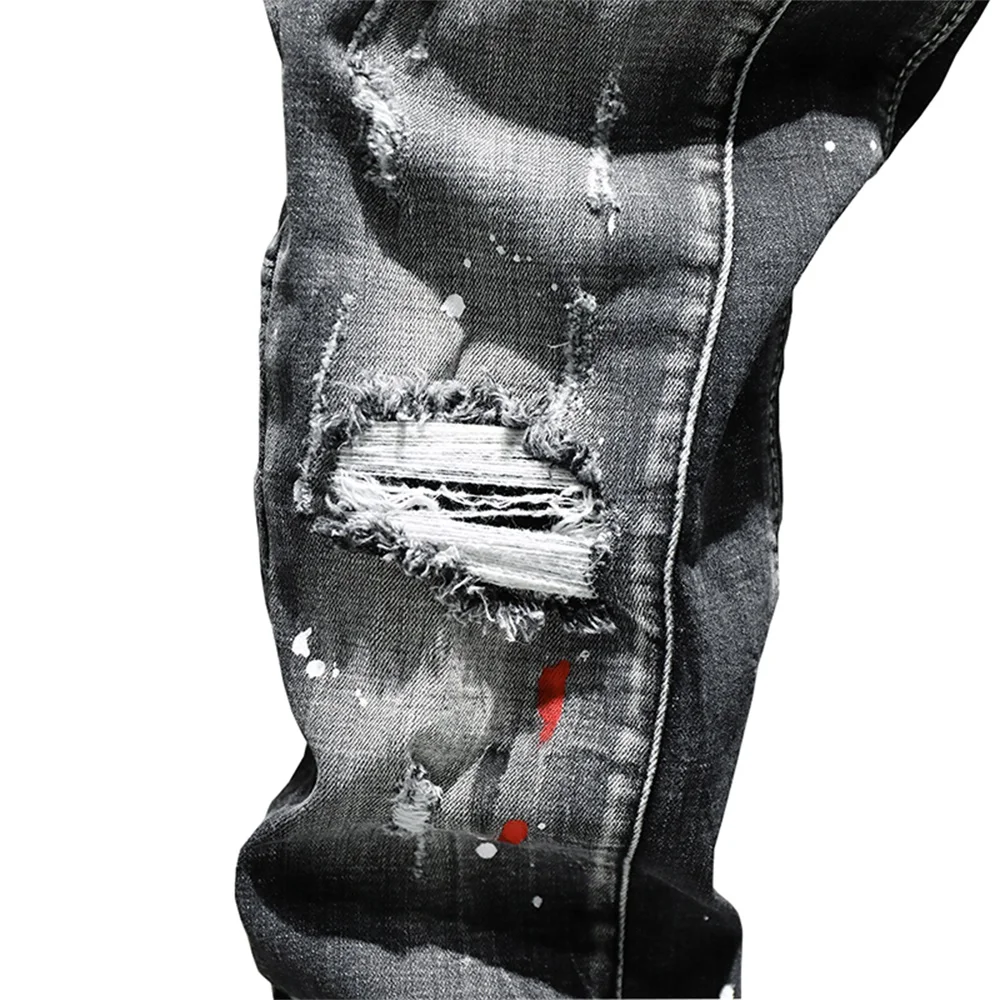 Broken Jeans Men's Paint Dots Ink Jet Soft Cotton High Elastic Leather Label Black Grey Slim Fit Pants Red Ears