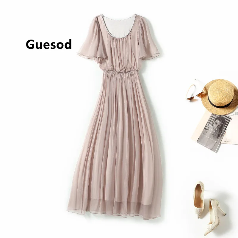 

Платье Guesod женское шелковое средней длины, с круглым вырезом и бусинами