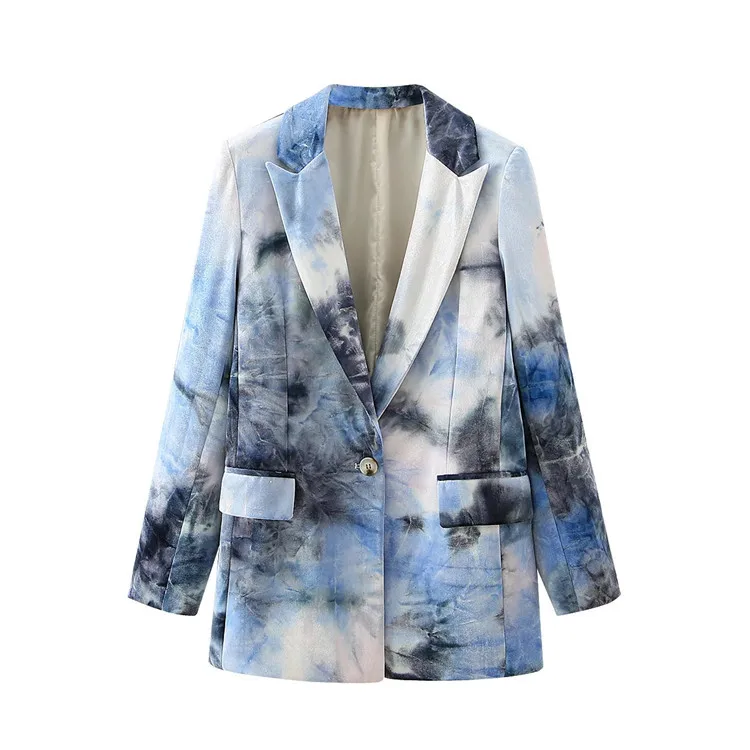 2021 Tie-dye Velvet Mid Length Blazer Suit Women Fashion Print Single Button Blazer Coats Casual Loose Commute Formal Clothing