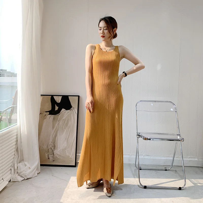 Dress Summer For Women 45-75kg New Round Neck Solid Color Loose Elastic Miyake Pleated Split Casual Tank Long Dress Ankle Length