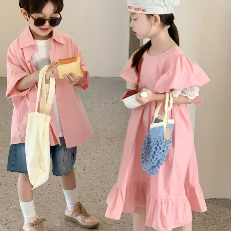 

Рубашка хлопковая однотонная для мальчиков и девочек, с летающим рукавом, детская одежда в Корейском стиле, для братьев и сестер, весна-лето ...