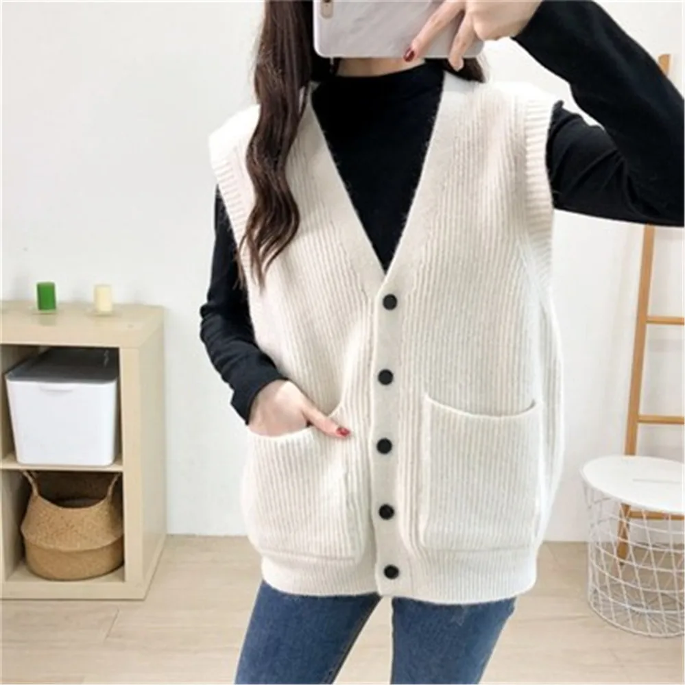 

2021 Fashion Korean Women Knitted Sweater Cardigan Sleeveless Female Loose Sweater Vest Ladies V-Neck Waistcoat Women Coat Z3675