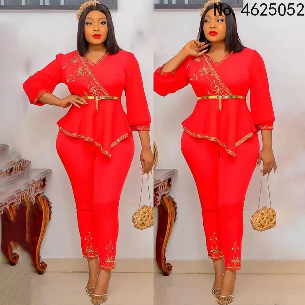 

Plus Size Women African Dashiki Clothes 2 Piece Set Wedding Party Suits Beading Sequin Tops Trousers 2022 South Africa Outfit
