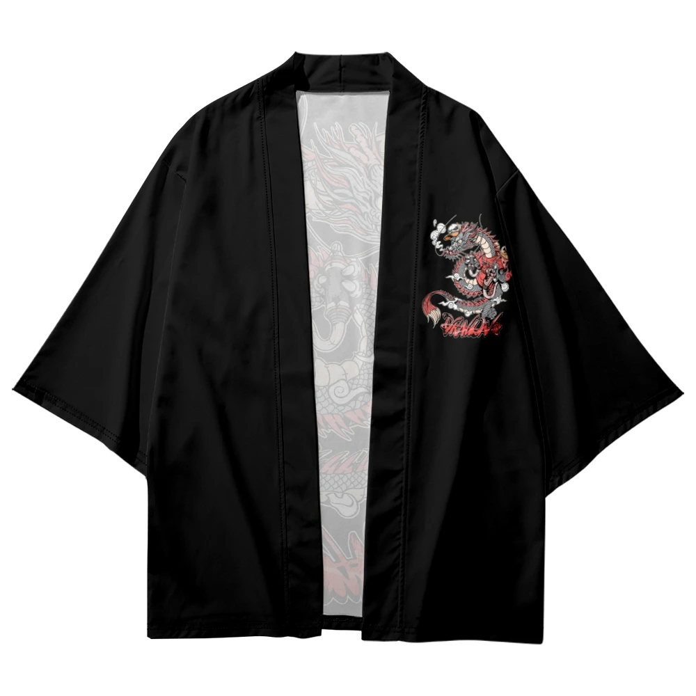 

Casual Cartoon Dragon Print Kimono Streetwear Men Japanese Cardigan Haori Black Robe Clothes Summer Beach Yukata Shirts Tops