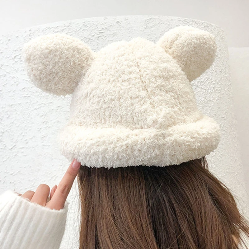 

Autumn Winter New Ins Style Lovely and Interesting Warm Windproof Cold Resistant Bear Ears Plush Hat Basin Cap Woman Girl