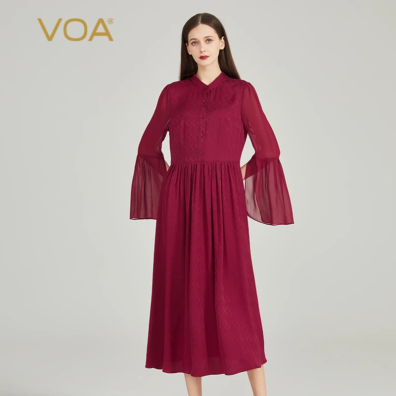 

VOA жаккардовое платье из натурального шелка тутового цвета винно-красного цвета с воротником-стойкой и расклешенными длинными рукавами, однобортное шелковое вечерние платье свободного кроя с поясом 2023 AE1990