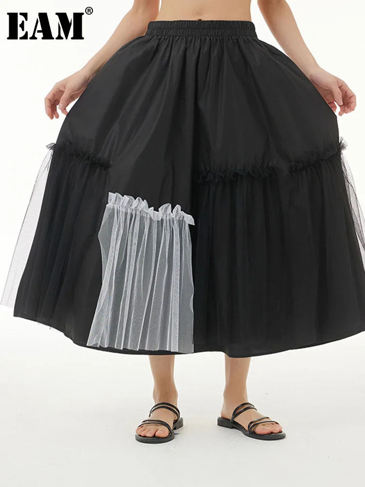 

[EAM] High Elastic Waist Blue Irregular Mesh Long Casual Half-body Skirt Women Fashion Tide New Spring Autumn 2023 1DE7540