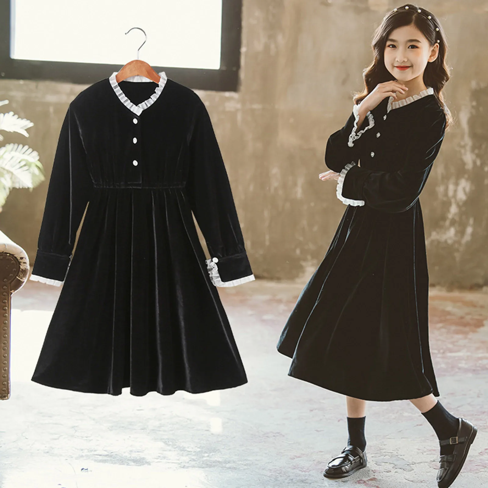 

Повседневные платья для маленьких девочек, кружевное платье с длинным рукавом, с круглым вырезом, весна-осень, винтажное простое платье при...