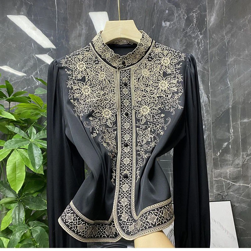 2023 Elegant Design Style Embroidery Shirts Womens Silky Stand Collar Single Breasted Long Sleeve Blouse High End Women Clothing
