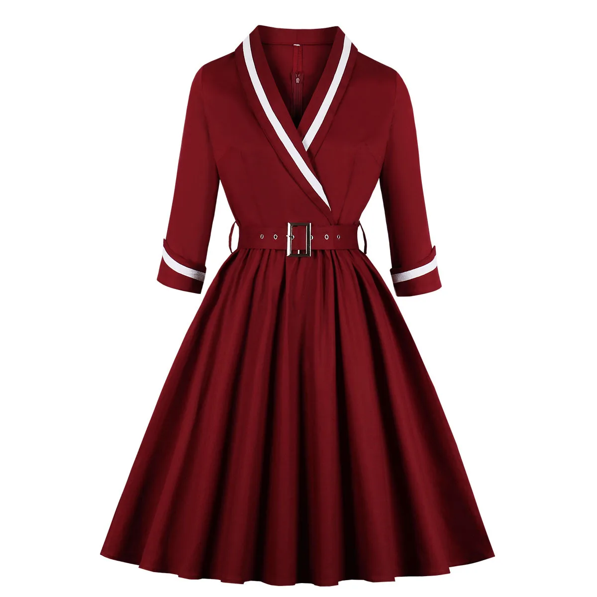 

2023 spring and summer cotton long-sleeved V-neck dress, navy burgundy waistband gown, elegant dress 2001