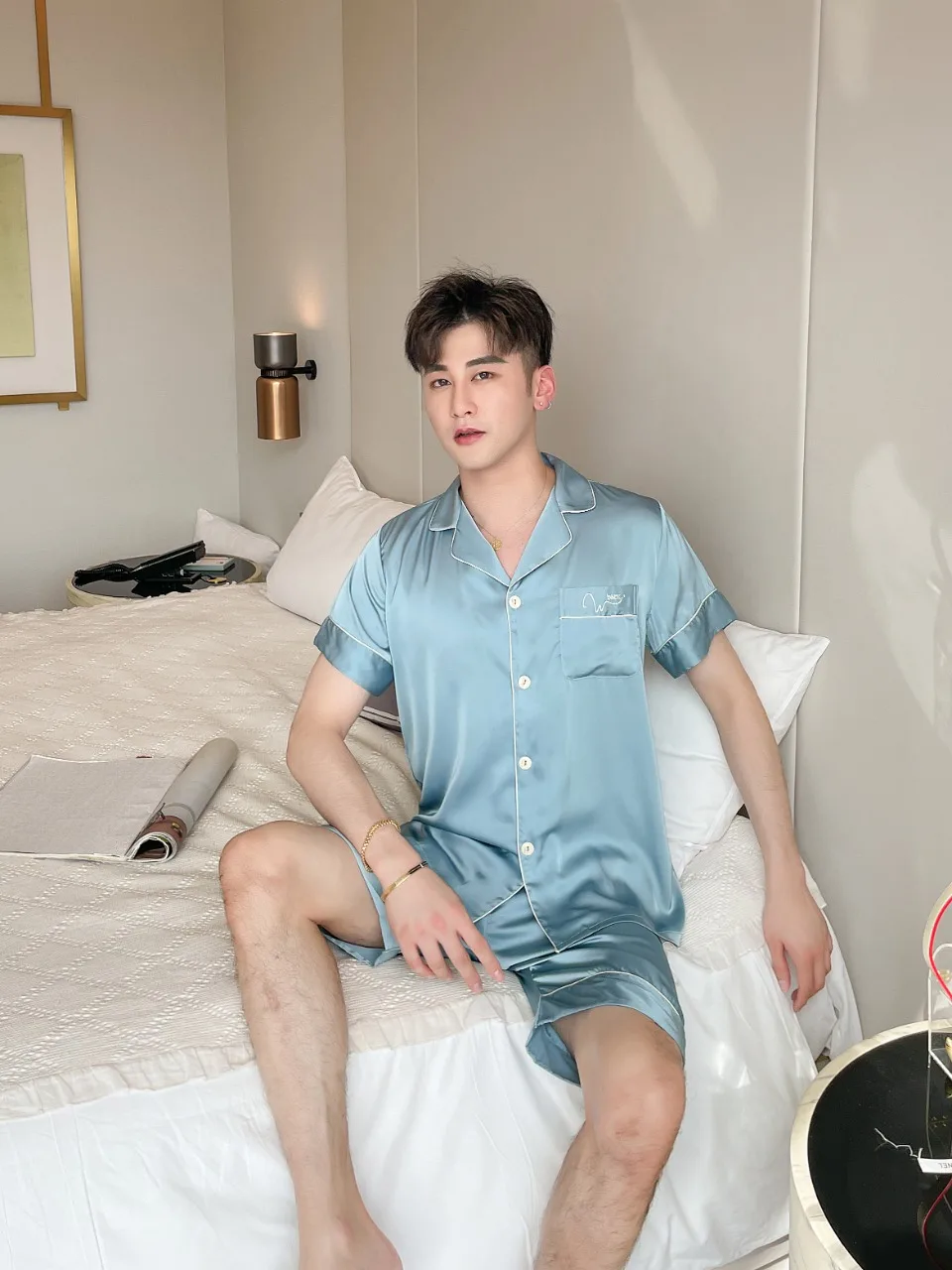 [Women's pajamas] [high-quality]Couple Ice Silk Pajamas for Men and Women Advanced Spring/Summer Thin Home Fur Set