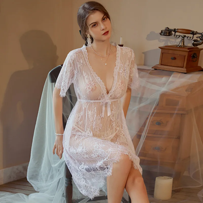 

Fdfklak M-3XL Sexy Deep V Neck Nightdress For Women Short Sleeve Mesh Lace Summer Dress Female Loose Big Size Nightgowns