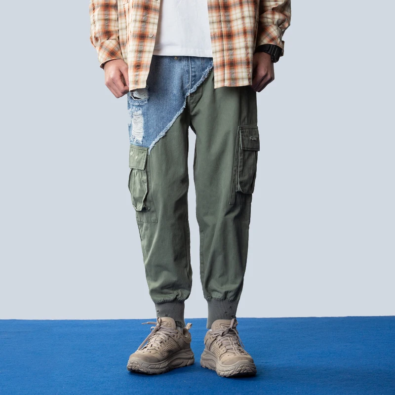 GL Style Wash Multi Material Denim Splice High Street with Pocket Trousers Men's Casual Long Pants