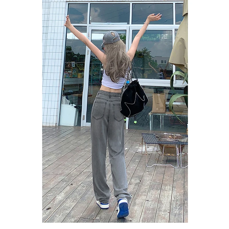 Jeans Female 2023 Pants Black Grey High Street Summer New Korean Versatile Straight Leg Pants High Waist Loose Pants