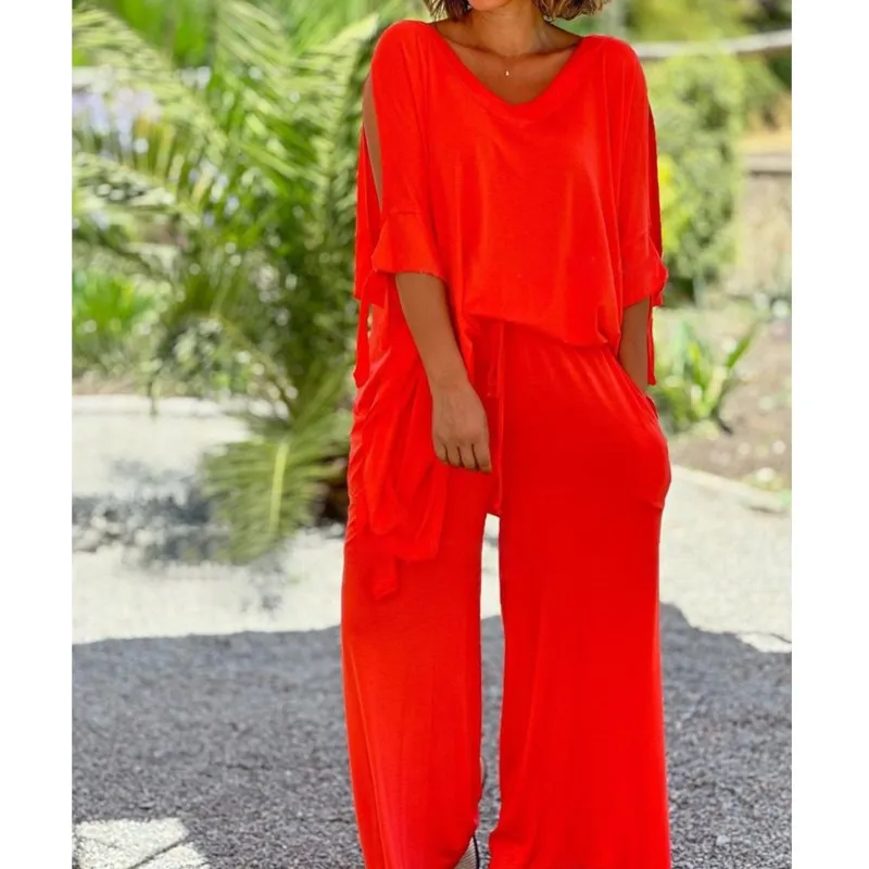 Модные летние однотонные брюки женские комплекты с короткими рукавами и