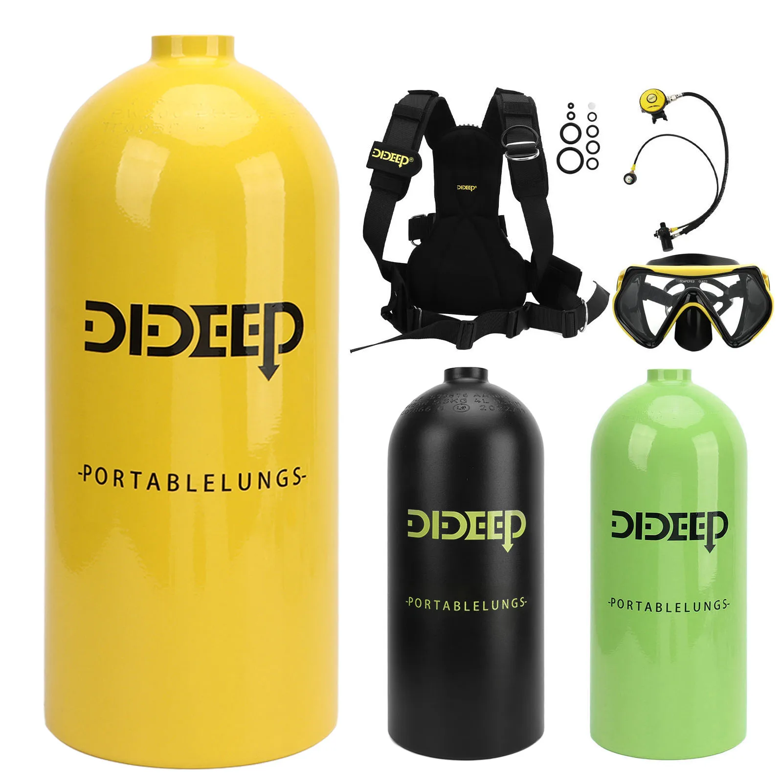 DIDEEP Diving Snorkelling Equipment Diving Rebreather Oxygen Tank 3L X6000 Rebreather + Double Shoulder Clip Yellow Goggles