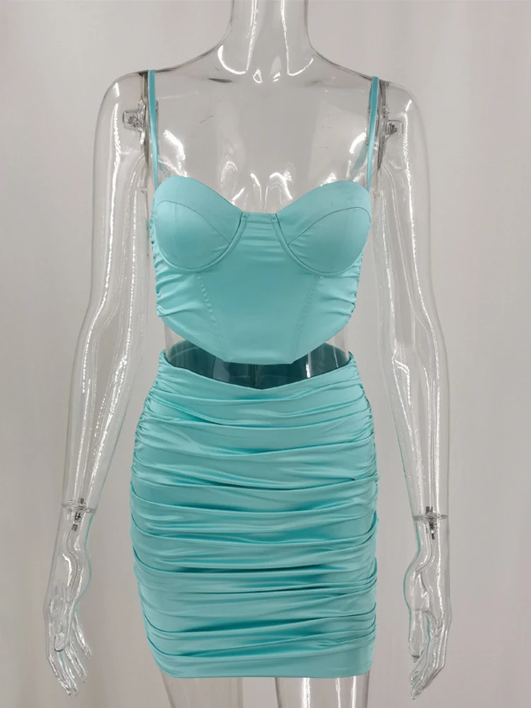 

Женский Атласный Костюм-двойка NewAsia, облегающий корсет с подкладкой, укороченный топ, однотонная эластичная мини-юбка, комплект из 2 предмет...