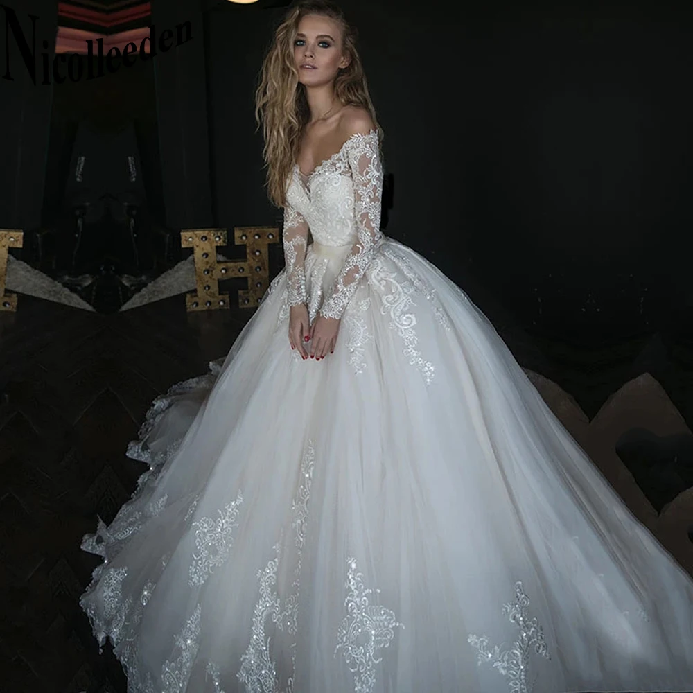 

Nicolle Exquisite Wedding Dress For Brides Appliques Lace Ball Gown Elegant Tulle Lacing Up Court Train Vestido De Casamento
