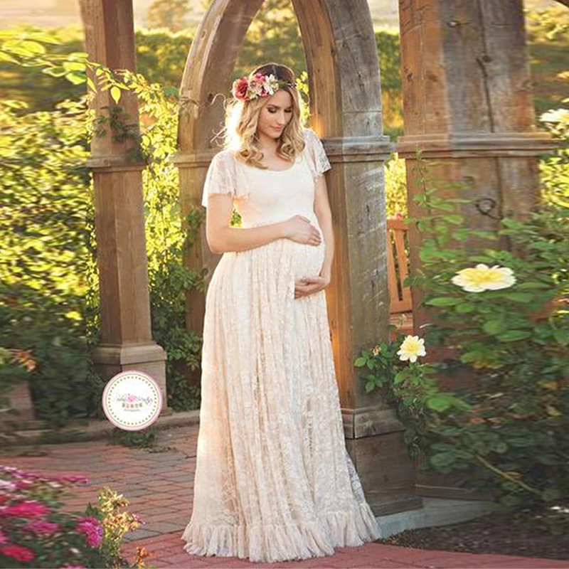 Dress for Baby Shower Pregnancy Photo Shoot Grossesse VestidosSummer Soft Lace Loose Crew Neck Lace Sweet Style enlarge