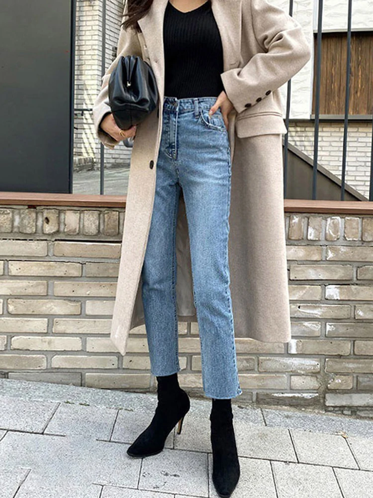 Фото Классические джинсы для женщин прямые брюки до щиколотки с высокой талией модные