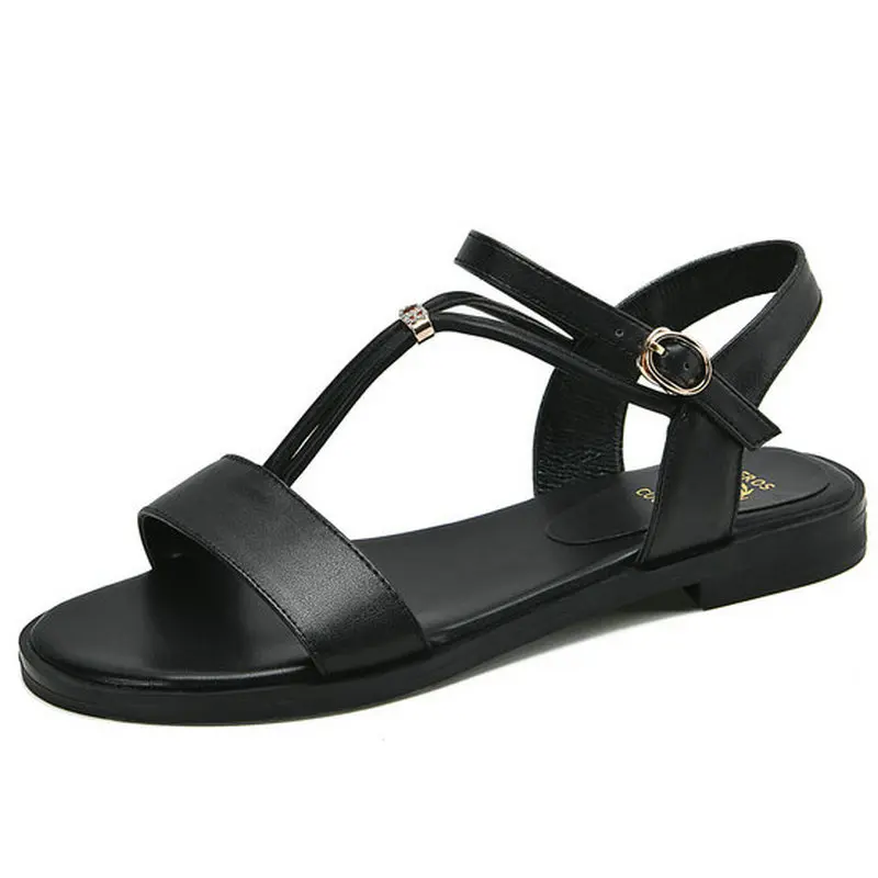 

2022 Summer Girl's Women Flat Sandals Genuine Leather Flats Heel Gladiator Casual T-strap Shoes Woman large size 34-43