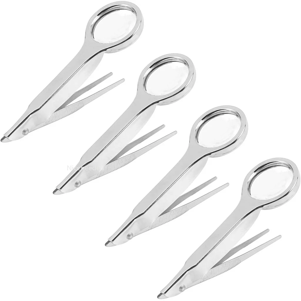 

4pcs Splinter Tweezers Forceps with Magnifying Glass with 10×Magnifying Glass for Remove Hair Laboratory