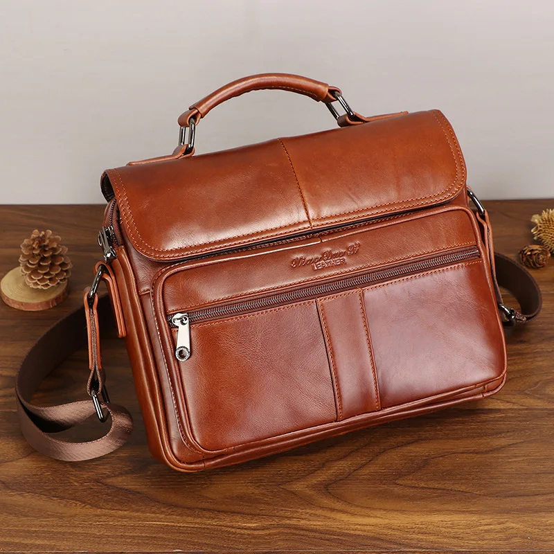 Luxury Genuine Leather Briefcase For Men Retro Cow Leather Shoulder Messenger Bag Large Capacity Handbag Male File Bag
