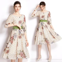 summer round neck floral dress middle sleever 2022 runway woman designer holiday slim bow lace up dresses party cocktail frock