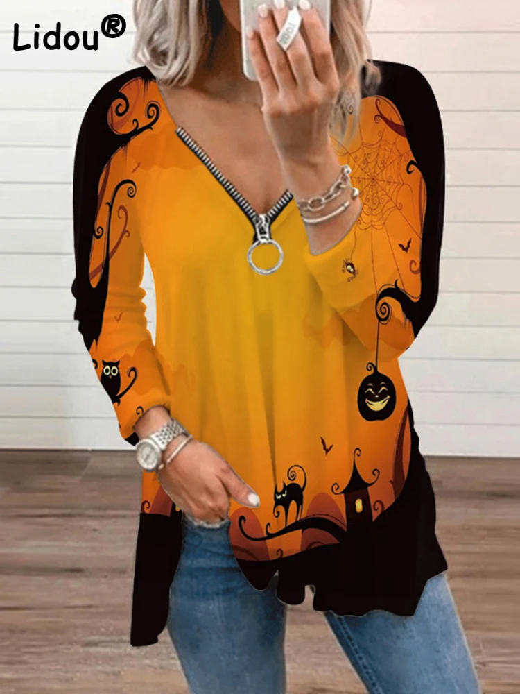 

Summer Long Sleeve Loose Vintage Oversized T-shirt Female Clothing Casual Vacation Tops Fashion Zipper V-Neck Women's T-shirts