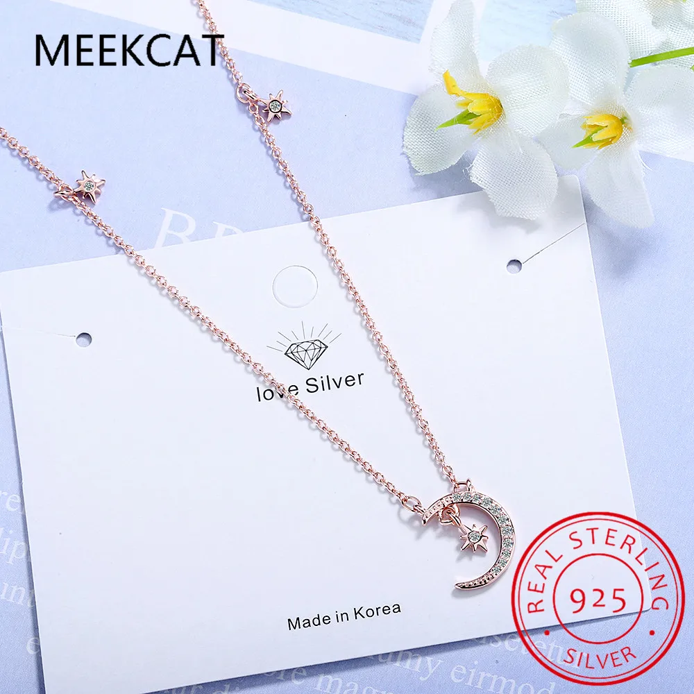 Настоящее серебро 925 пробы модное колье-чокер с милой луной и звездой CZ для женщин