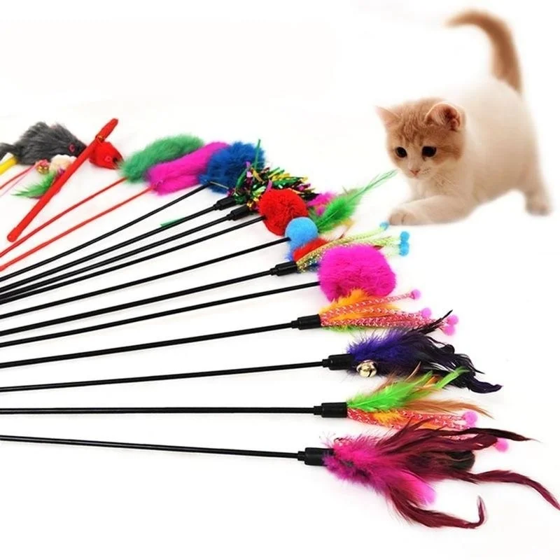 

Kitten Pet Cat Teaser Turkey Feather Interactive Fun Toy Wire Chaser Wand + Bell Pet Products