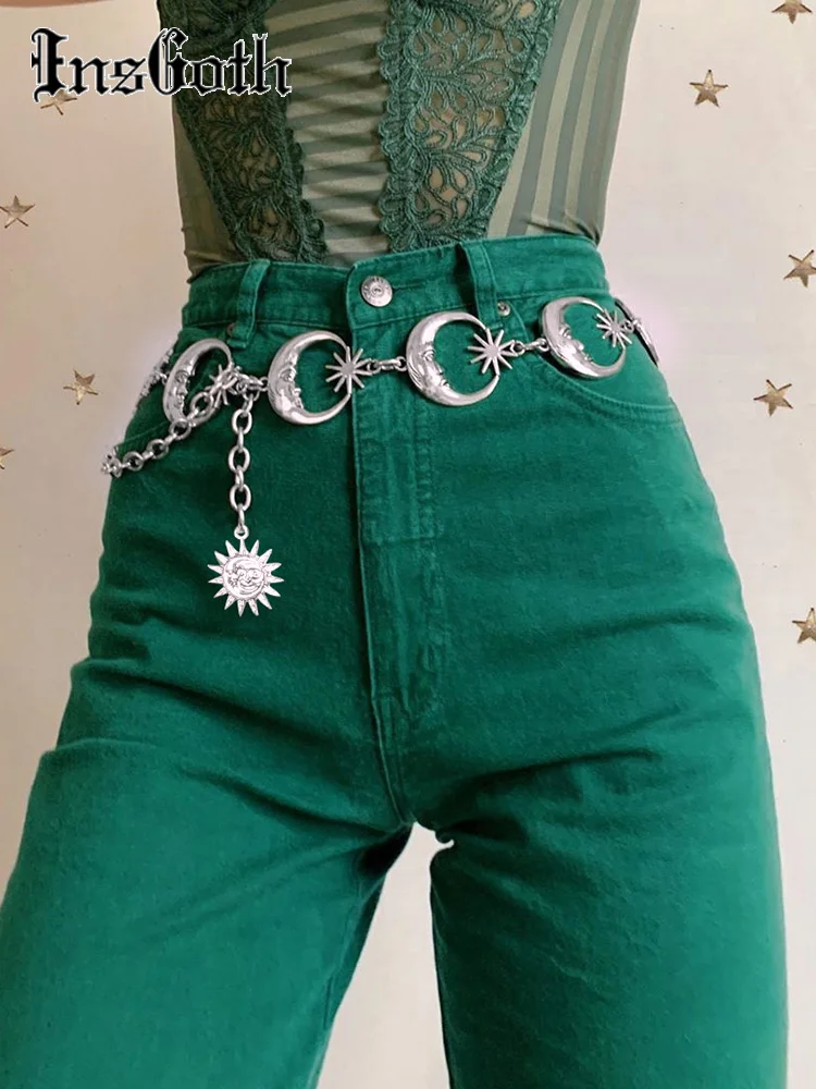 Harajuku Punk Moon Metal Belts Women Vintage High Waist Chain Gothic Sun Sliver Pendant Belts Aesthetic Female Partywear