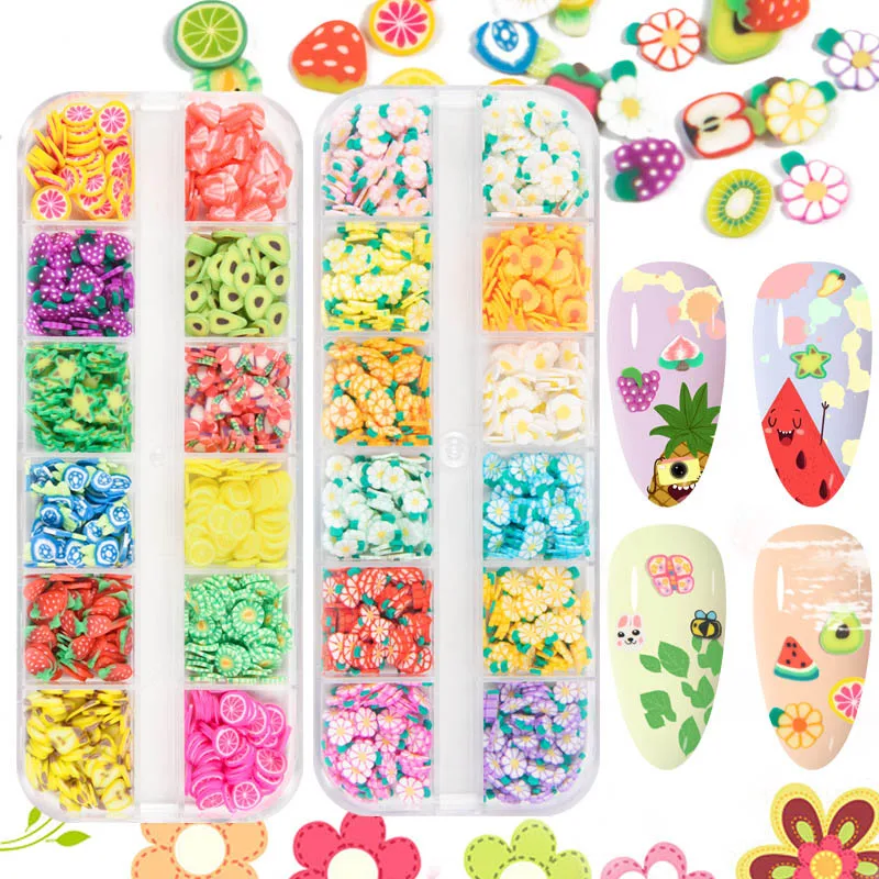 12 kinds Fruit Sticker Nail Art Decoration Kits Supplies Animal Manicure Patch Crystal Mud Filled DIY Simulation Slices Flower