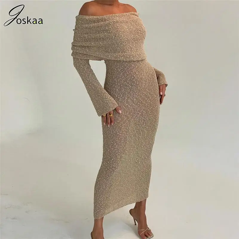 

Joskaa Knit Sexy Off Shoulder Long Sleeve See Through Bodycon Maxi Dress Women Fall 2023 Fashion Party Vestidos Evening Dresses